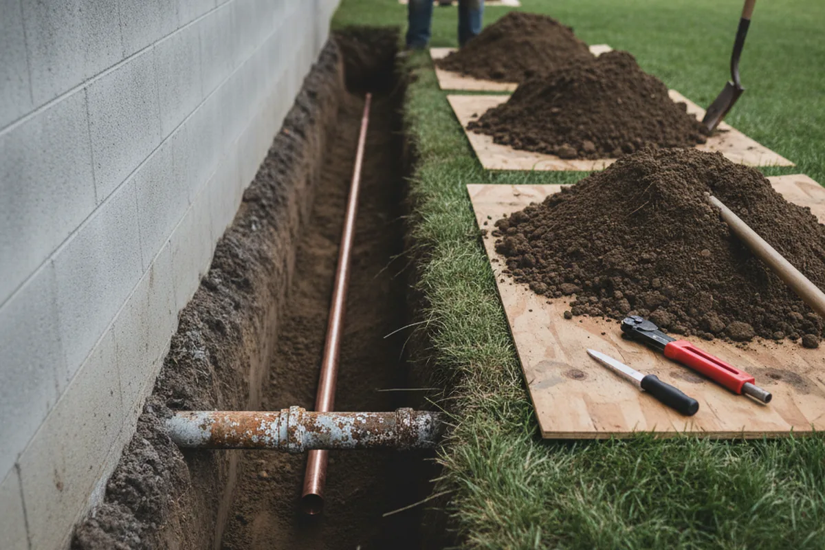 Excavated water line trench during Water Softener Installation in Lake Elsinore